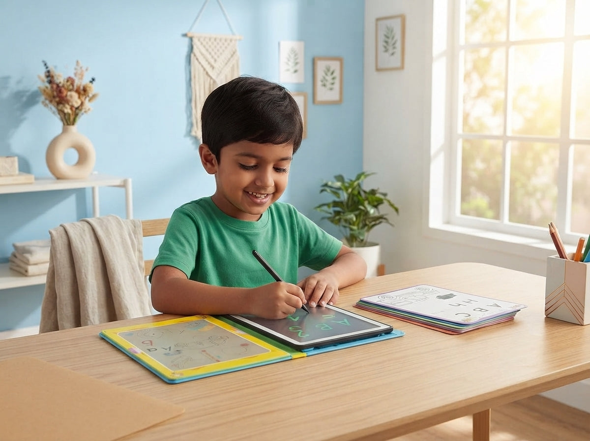 A young South Asian child practicing handwriting on an 8.5-inch LCD writing tablet in a bright, modern home setting.