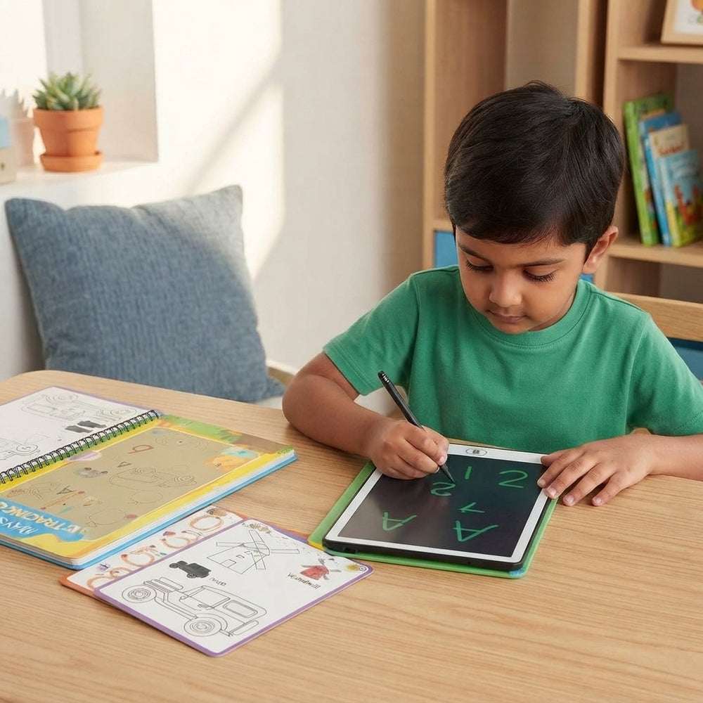 A young South Asian child using an 8.5-inch LCD writing tablet to trace letters at a desk in a bright, modern room.